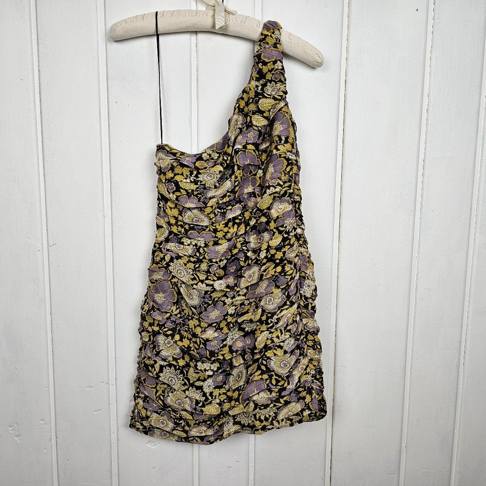 Zara Small Metallic Gold Purple Floral Chiffon One Shoulder Ruched Mini Dress - Picture 5 of 10